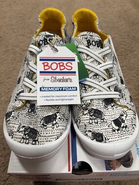 BOBS from Skechers White & Black Elephant Print Sneakers with Yellow Lining